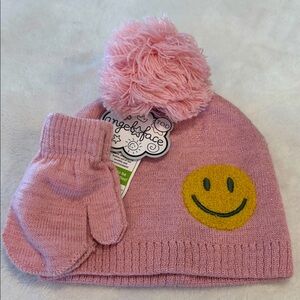Angel Face Pink Smiley Face Toddler Soft Beanie & Mittens Set Pom Pom topper